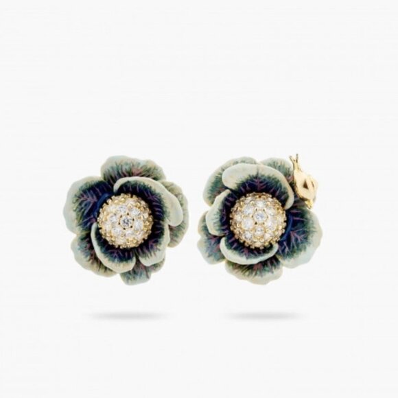 LES NEREIDES CABBAGE STUDDED WITH WHITE CRYSTAL POST EARRINGS - Picture 2 of 4